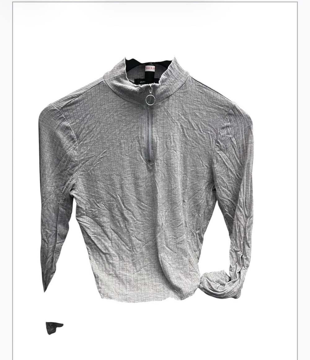 Only Play Grey Melange Ribbed High Neck Long Sleeve Half Zip Short Top